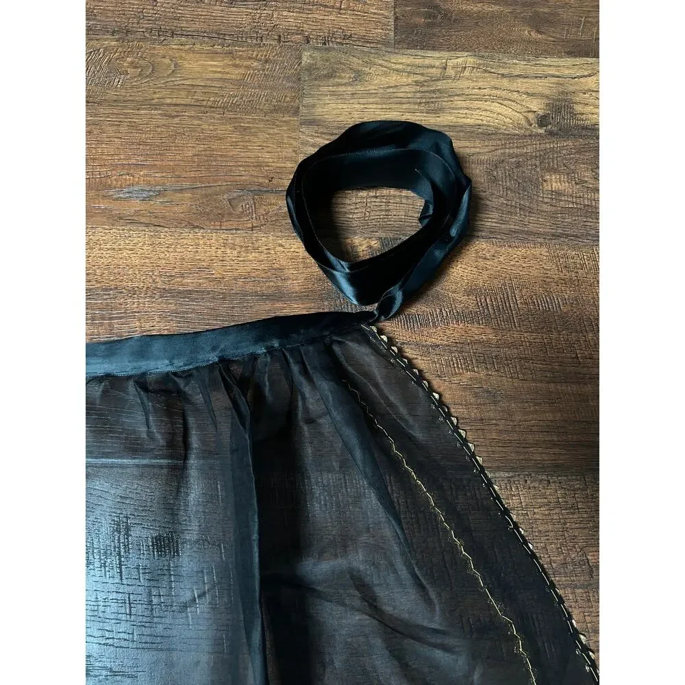 VTG Mid Century Sheer Black Half Apron Hand Painted Martini Cigarette Gold Trim